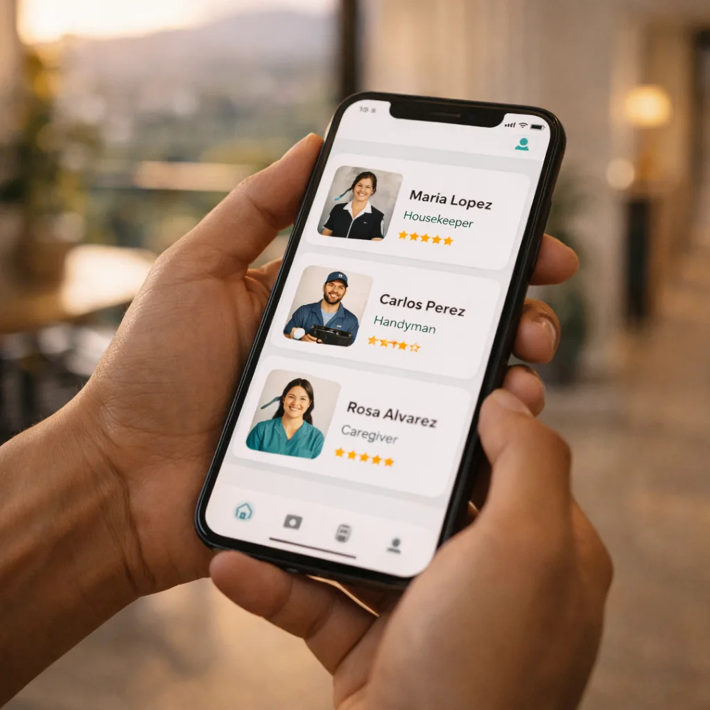 Casayuda mobile app open on an iPhone showing vetted housekeeper, handyman, and caregiver profiles for domestic services in Medellín